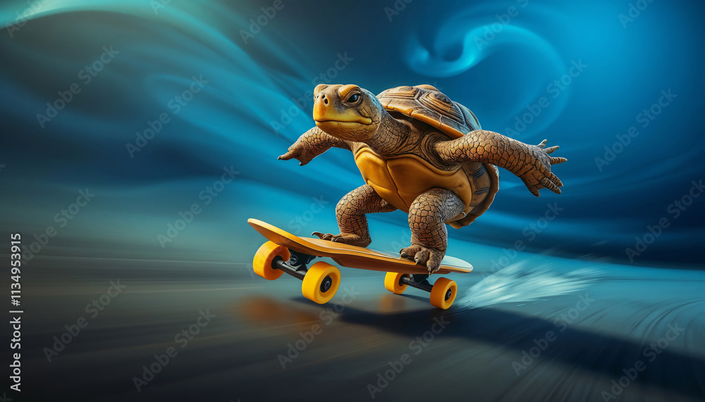 Fototapeta premium realistic turtle riding a sleek skateboard