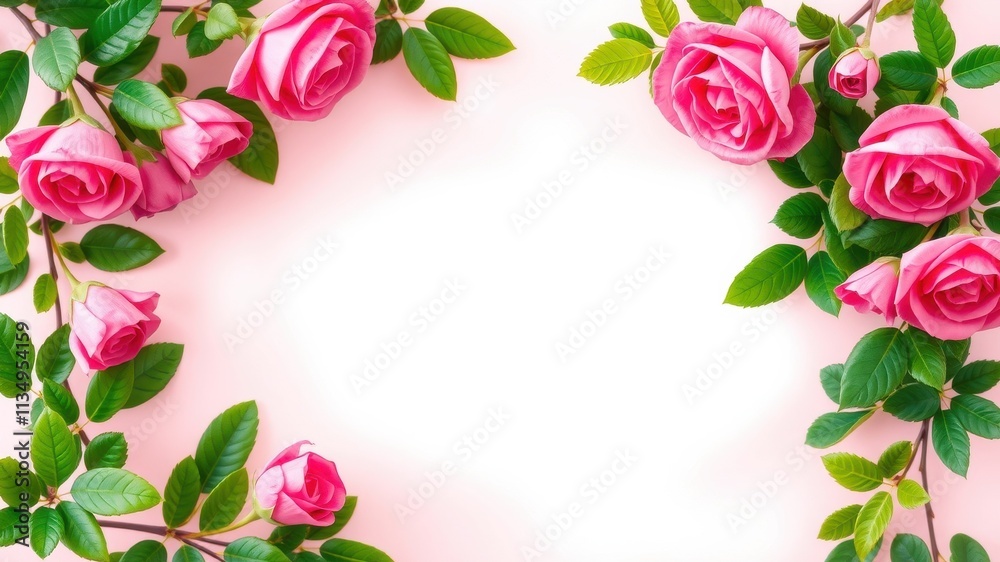 Pink Roses with Green Leaves Frame a Blank Space for Romantic Messages Pink Roses with Green Leaves Frame a Blank Space for Romantic Messages
