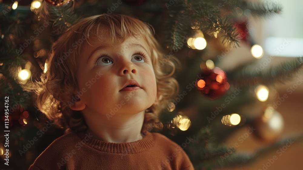 A child standing in front of a beautifully decorated Christmas tree, looking up with wide eyes filled with wonder. A child standing in front of a beautifully decorated Christmas tree, looking up with wide eyes filled with wonder.