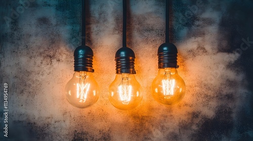 Three light bulbs glowing with a bright yellow light, arranged in an arc on a light grey background, each symbolizing a different idea in a creative process.
