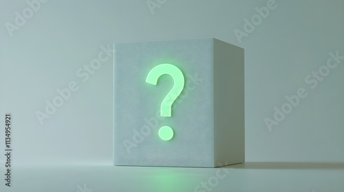 A white, minimalistic box with a question mark that glows faintly in neon green, set against a plain white backdrop, creating a modern, curious vibe.


