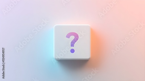 A square, minimalistic white box with a question mark in a soft, gradient color that fades from blue to purple, positioned on a neutral background.


