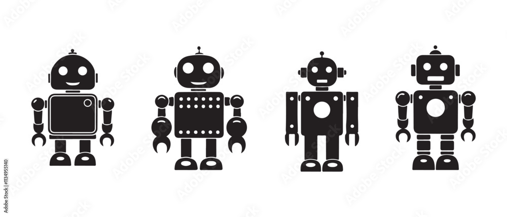 Four minimalist robot silhouettes in black on white background