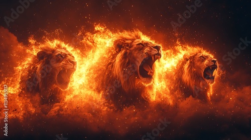 Flaming group of strong lions roaring together teamwork emotional brave concept