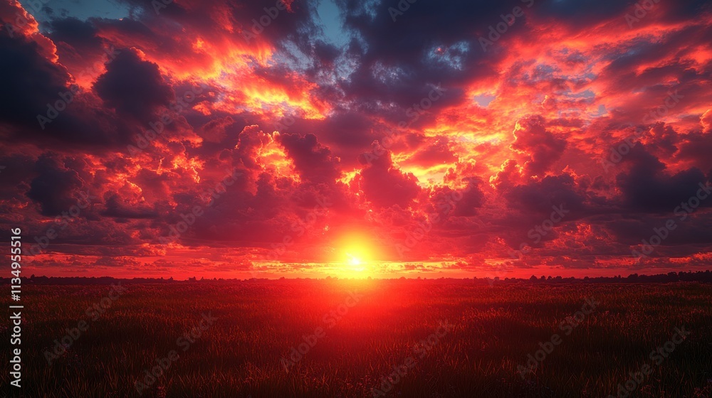 Obraz premium Vibrant colors light the horizon as the sun sets over the peaceful field