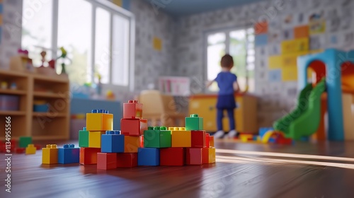 Cute Little Children and Nursery Teacher Playing with Building Blocks

 photo