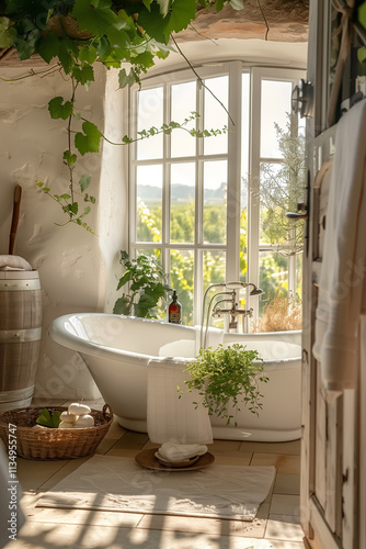 Modern minimalist Provence-style bathroom with vineyard views and green plants photo