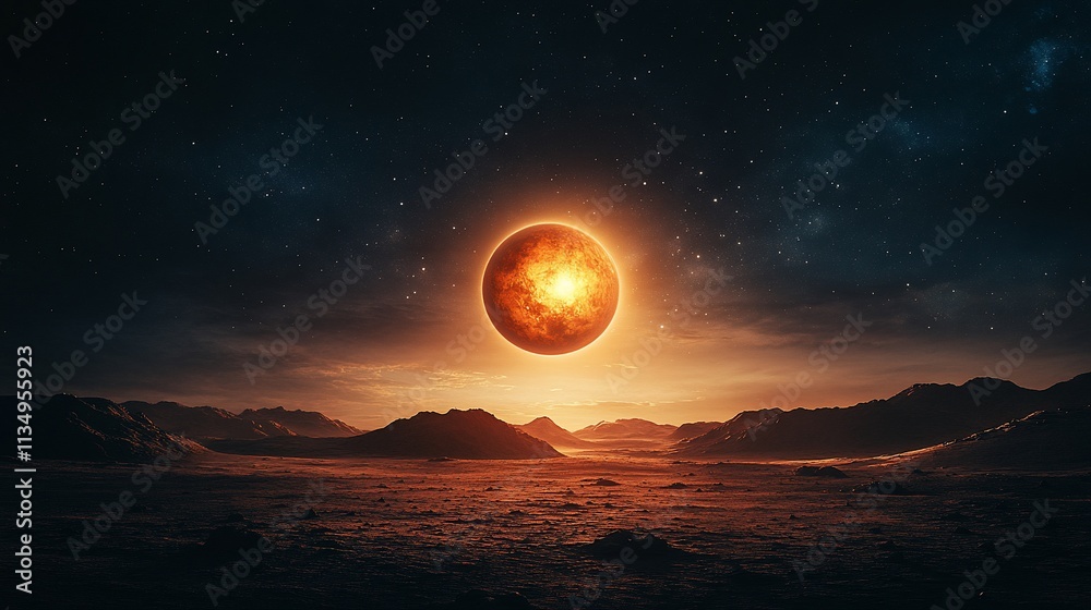 Fiery planet eclipse over a desolate alien landscape. Fiery planet eclipse over a desolate alien landscape.
