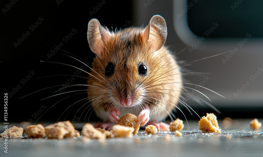 Captivating Close-Up of a Curious Mouse Delicately Nibbling Crumbs with Expressive Whiskers and Bright, Inquisitive Eyes in a Vibrant Wildlife Setting Captivating Close-Up of a Curious Mouse Delicately Nibbling Crumbs with Expressive Whiskers and Bright, Inquisitive Eyes in a Vibrant Wildlife Setting