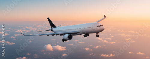 Wide angle shot of a passenger plane flying above the clouds and a clear sky, shot in high resolution ,soft style,airplane,landing.	
