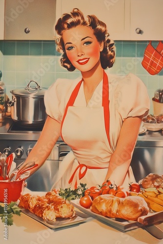 Smiling housewife preparing meal in vintage kitchen