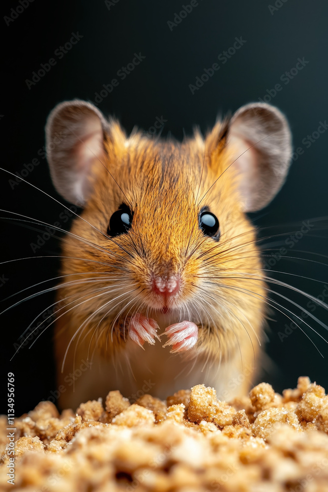 Delightful Close-Up of a Cute Mouse with Whiskers and Curious Eyes Surrounded by a Bed of Crunchy Crumbs Delightful Close-Up of a Cute Mouse with Whiskers and Curious Eyes Surrounded by a Bed of Crunchy Crumbs