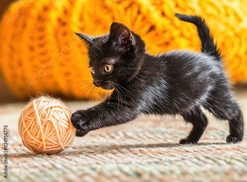 Playful black kitten pouncing on yarn ball. photo