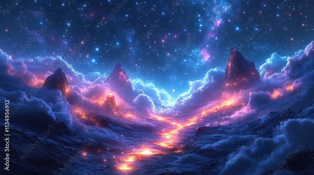 Obraz premium Glowing lava flows weave through enchanting clouds beneath a starry night sky, creating awe