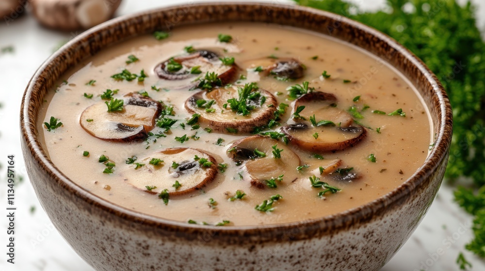 Hearty mushroom soup in a ceramic bowl, garnished with fresh herbs for chilly days