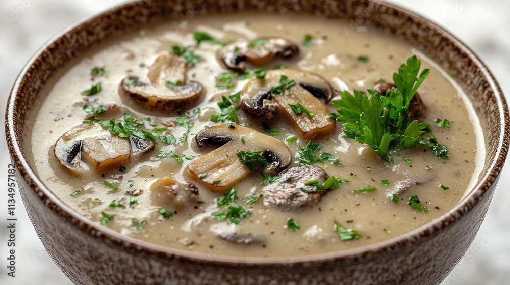 Savor creamy mushroom soup topped with fresh parsley, ideal for chilly days