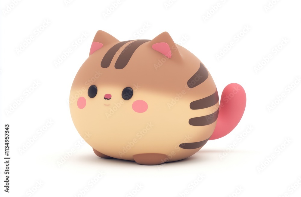 Adorable 3D rendered cartoon cat, brown tabby with pink ears and tail, cute, plump body, isolated on white background.