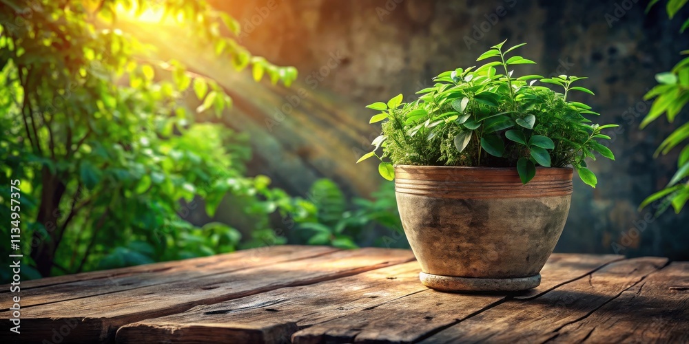 A terracotta pot with vibrant green foliage sits on a weathered wooden surface, bathed in the warm glow of natural sunlight, creating a serene outdoor setting. A terracotta pot with vibrant green foliage sits on a weathered wooden surface, bathed in the warm glow of natural sunlight, creating a serene outdoor setting.