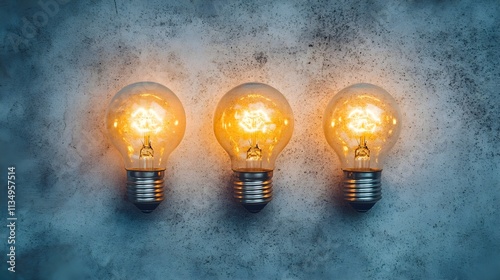 Three light bulbs glowing with a bright yellow light, arranged in an arc on a light grey background, each symbolizing a different idea in a creative process.


