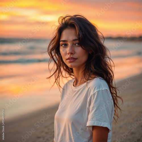 Young Woman with Wavy Brown Hair Walking on a Dramatic Beach Under a Cloudy Sky