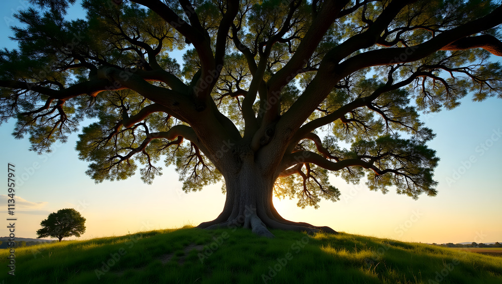 Obraz premium Stunning wide-angle shot of an ancient oak tree with sprawling branches, rugged bark, and roots on a green hill at sunset, with a golden sky and a smaller tree in the serene background.