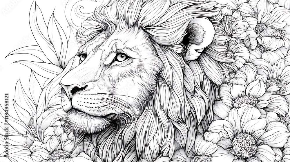 Obraz premium Lion with intricate patterns, floral backdrop, artistic coloring page