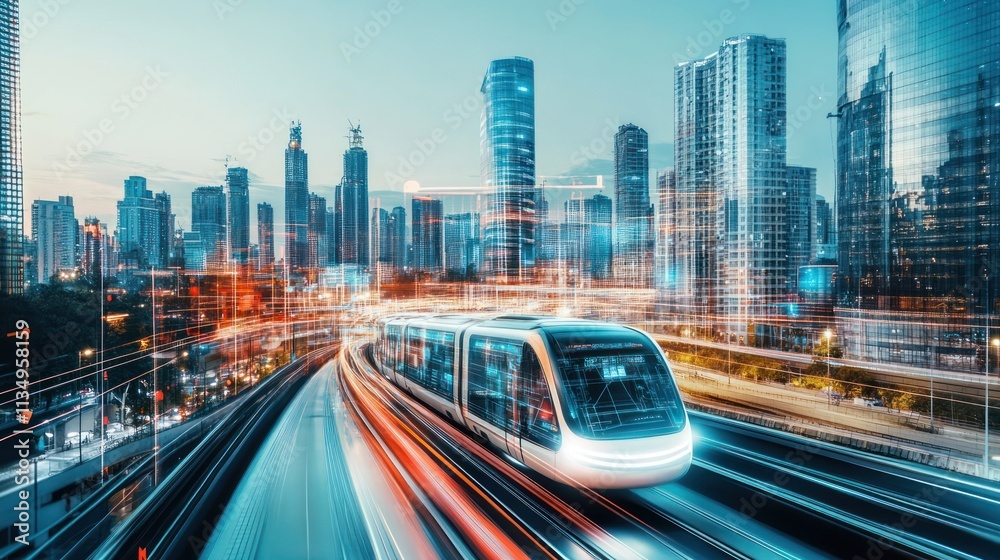 Futuristic train speeding through a city. Futuristic train speeding through a city.