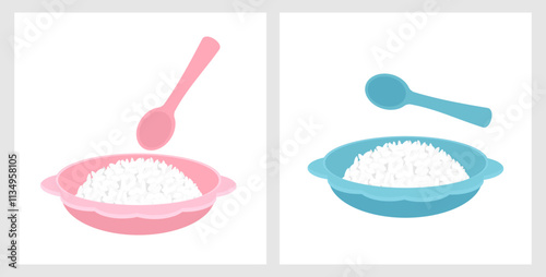 Children rice bowls and spoon icon signs isolated on white background vector. 