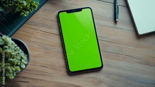 Modern smartphone with green screen on wooden desk.