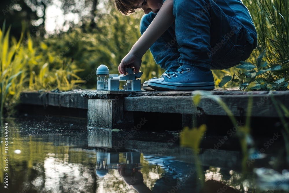 Child playing with toy boat on wooden dock by calm water. Child playing with toy boat on wooden dock by calm water.