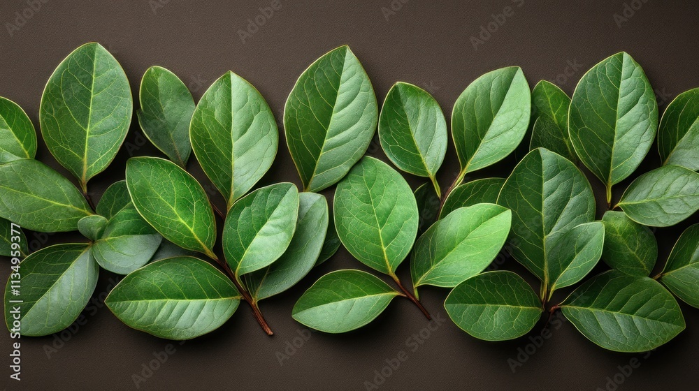 Fototapeta premium Fresh green leaves lie flat, showcasing rich colors and intricate textures