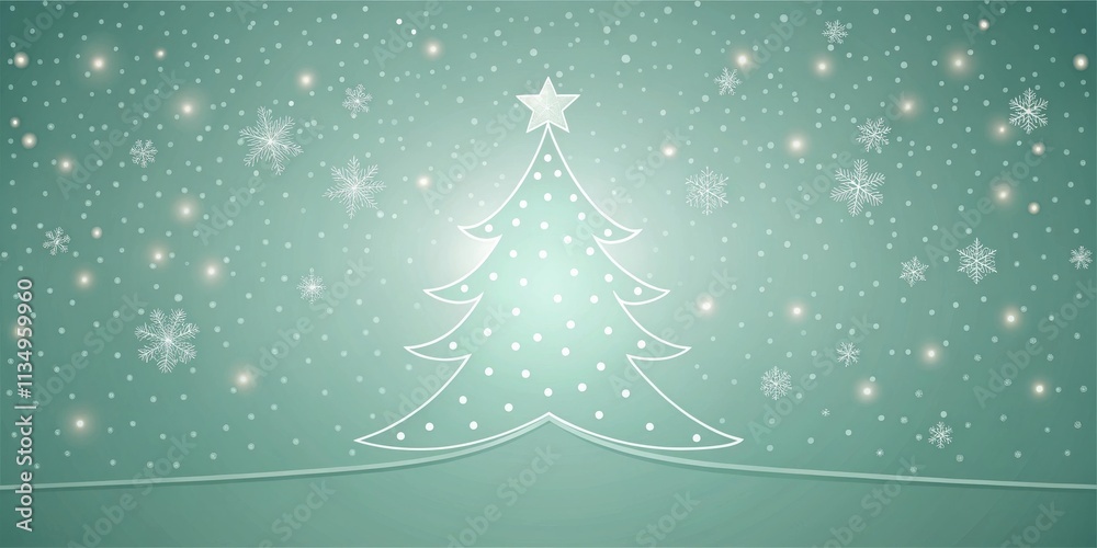 A Simple White Outline of a Christmas Tree with Polka Dots Adorned with Falling Snowflakes on a Mint Green Background A Simple White Outline of a Christmas Tree with Polka Dots Adorned with Falling Snowflakes on a Mint Green Background