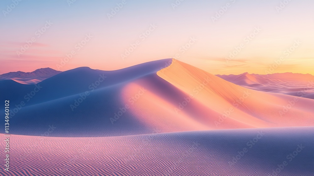 Majestic desert dunes bathed in soft pastel light during golden hour at twilight Majestic desert dunes bathed in soft pastel light during golden hour at twilight