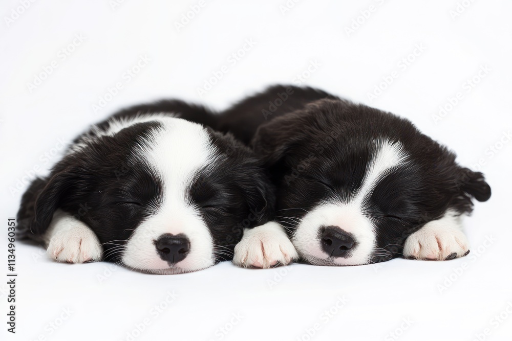 Two adorable black and white puppies cuddling and sleeping peacefully on a white background. Two adorable black and white puppies cuddling and sleeping peacefully on a white background.