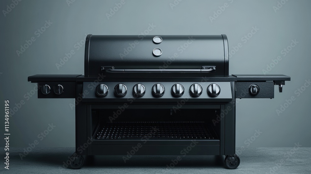 The sleek grilling station has eight burners and spacious side tables, ideal for outdoor cooking The sleek grilling station has eight burners and spacious side tables, ideal for outdoor cooking