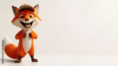 Happy cartoon fox wearing a cap against a white background. photo