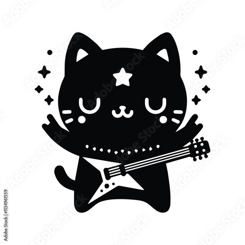 kitten rock star icon black cat with electric guitar isolated on transparent