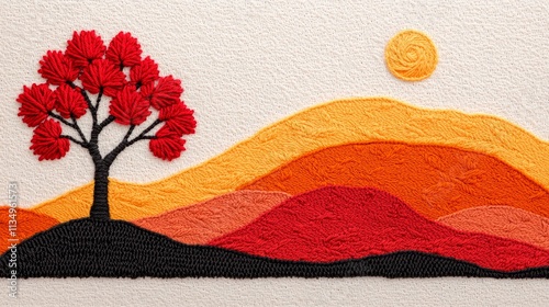 Autumnal Landscape Red Tree Sun Embroidered Hills