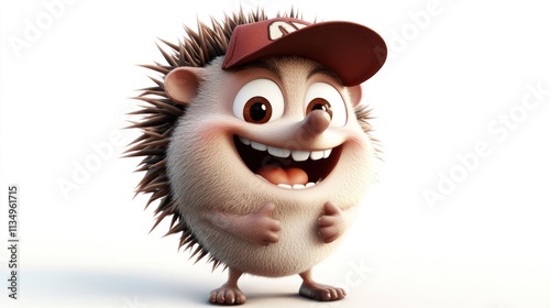 Happy cartoon hedgehog wearing a baseball cap. photo