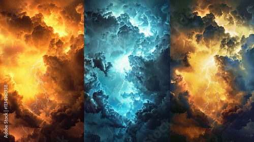 Three vertical images of thunderclouds with lightning, each in different colors