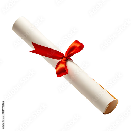 Elegant rolled diploma tied with a red ribbon. png isolated background. transparent background.