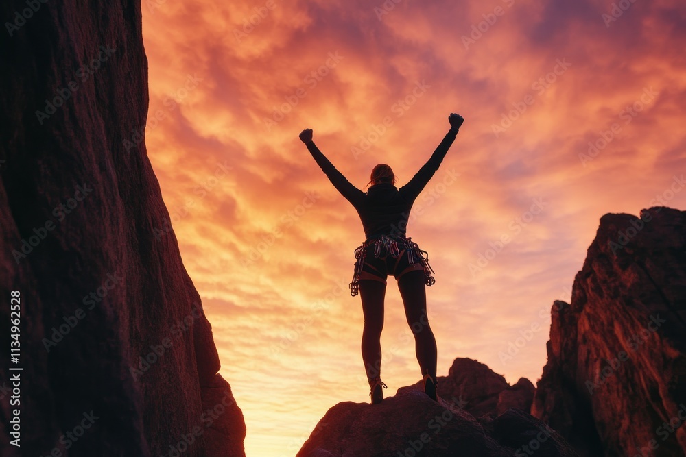 Woman celebrating victory atop a mountain at sunset. Woman celebrating victory atop a mountain at sunset.