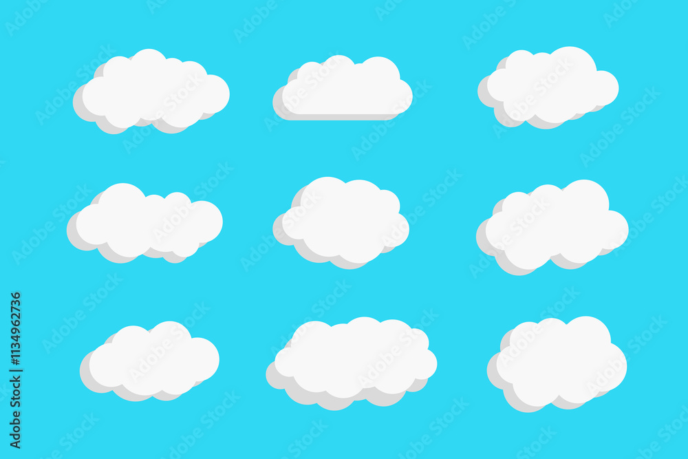 A collection of nine fluffy, cartoon-style white clouds displayed on a bright blue background. The clouds vary slightly in shape, offering a playful and minimalist aesthetic. For design project.
