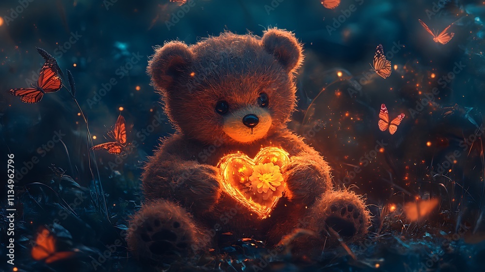 Teddy Bear Holding a Flaming Heart with Butterflies Surrounding it Teddy Bear Holding a Flaming Heart with Butterflies Surrounding it