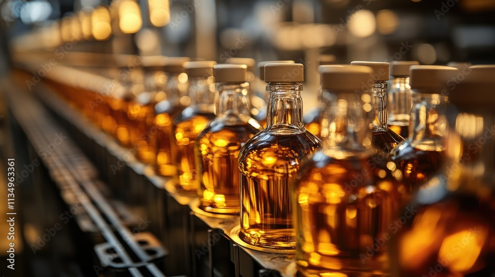 Whiskey Bottling Line: Golden Amber Liquid on Conveyor Belt Whiskey Bottling Line: Golden Amber Liquid on Conveyor Belt