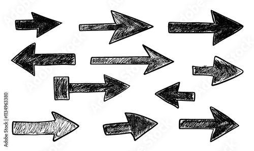 Collection of hand-drawn black arrows pointing in various directions, isolated on a transparent background