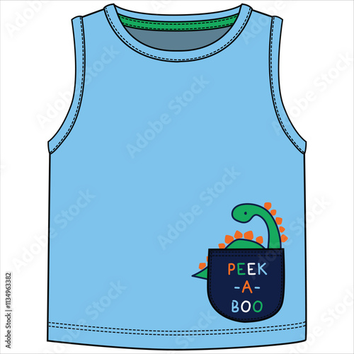 KID BOYS WEAR SLEEVELESS T SHIRT WITH POCKET BABY DINO CHARACTER AND PEEK A BOO TYPOHRAPGY VECTOR ILLUSTRATION