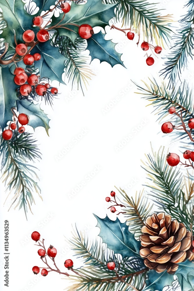 Watercolor christmas frame with holly, pine cone, and red berries Watercolor christmas frame with holly, pine cone, and red berries