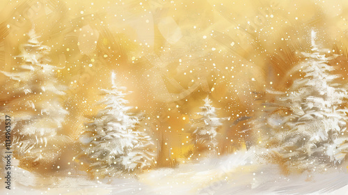 White Christmas trees in the snow against a golden background with bokeh lights and sparkles.