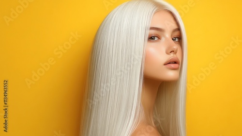 A young woman poses gracefully, showcasing her luminous platinum hair and striking features photo